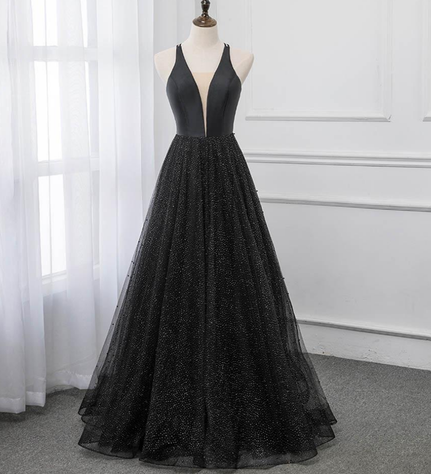 Sexy Black Deep V Neck Long Prom Dresses Backless Tulle Formal Party Dress Ss879