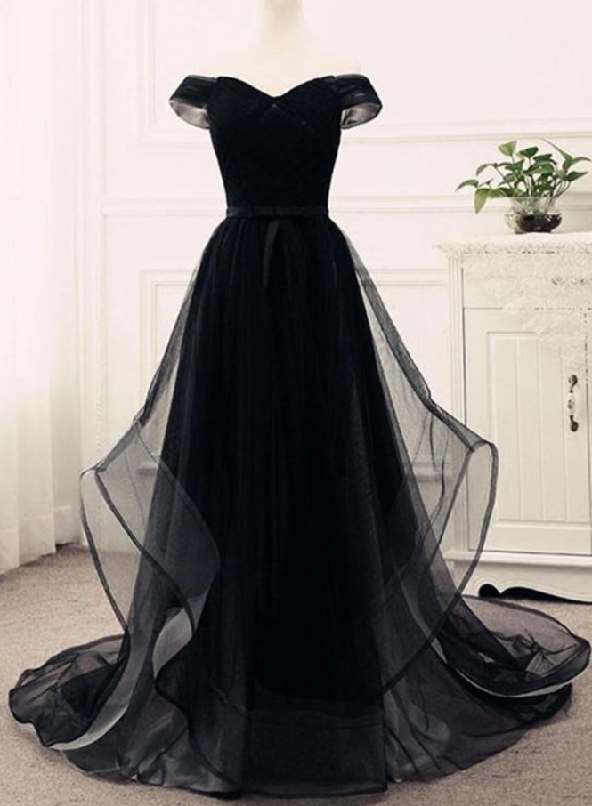 Black Prom Dress Tulle Party Dress Sweetheart Neck Off Shoulder Prom Dress Customize Long Ruffles Evening Dresses Ss887