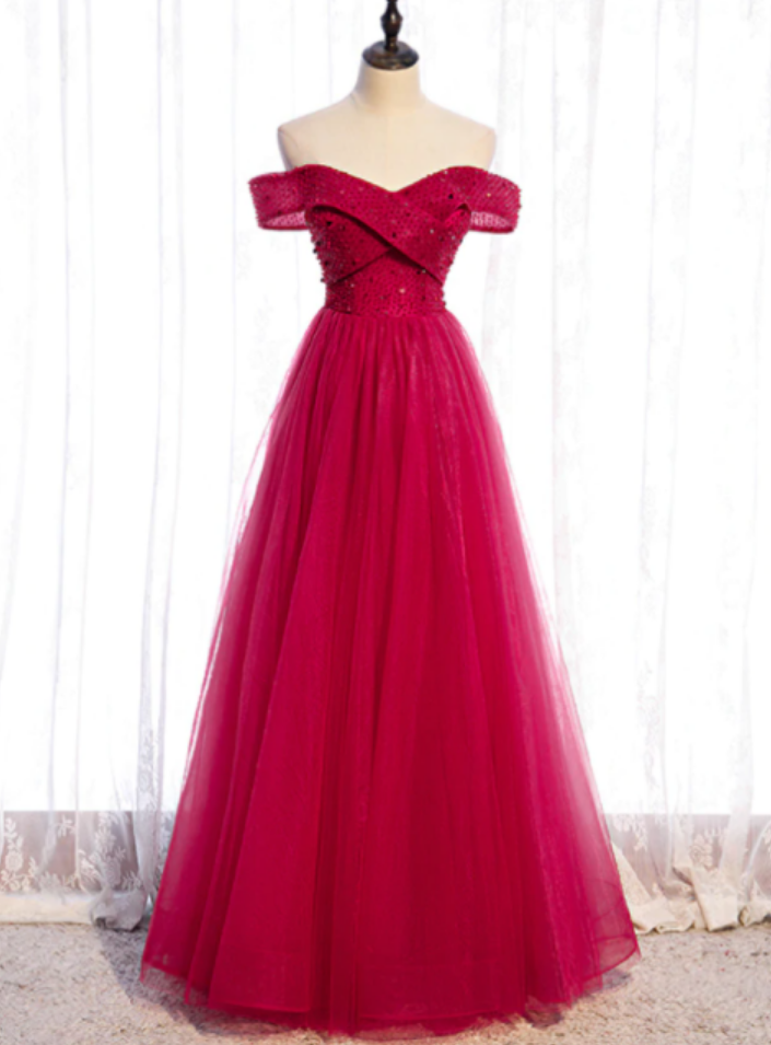 Red A-line Tulle Off The Shoulder Evening Dress Beading Sequins Prom Dress Ss904