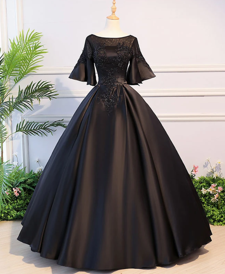 Black Round Neck Satin Lace Long Prom Dress Evening Dress Sweet 16 Dress Ss906