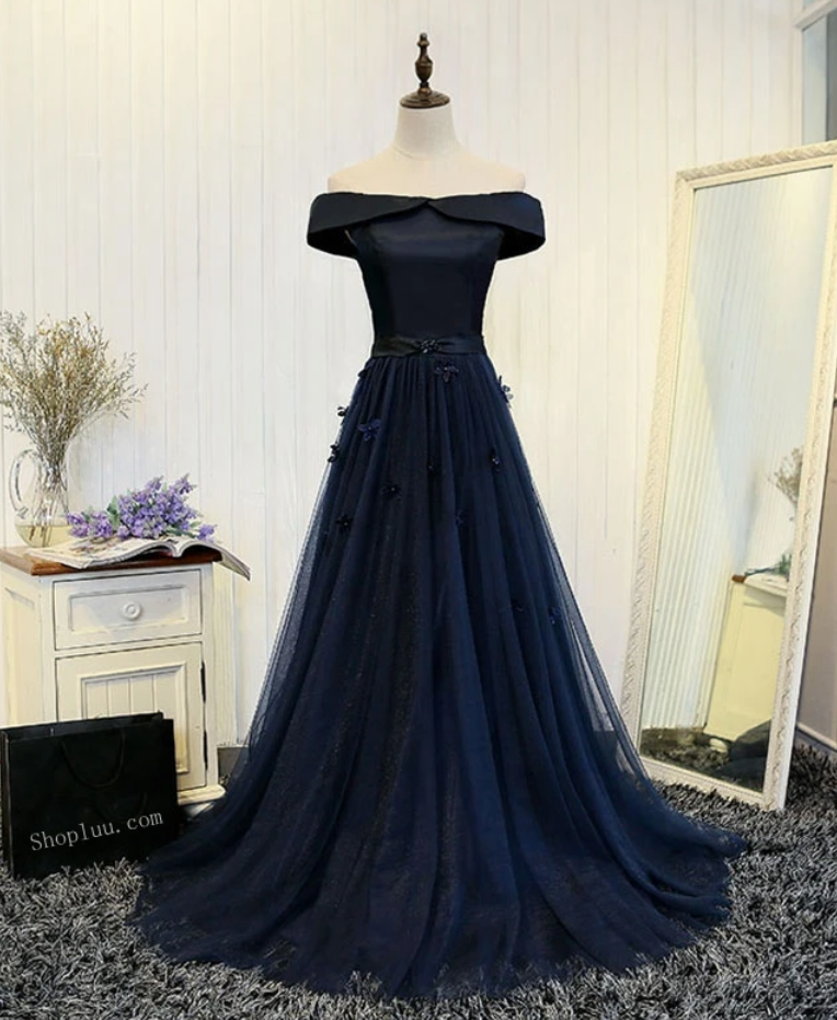 Dark Blue Off Shoulder Long Prom Dress Hand Made Evening Dress Ss907