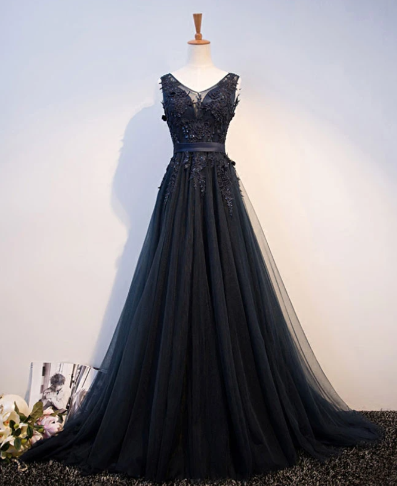 Navy Blue V Neck Tulle Lace Applique Long Prom Dress Evening Dress Ss908