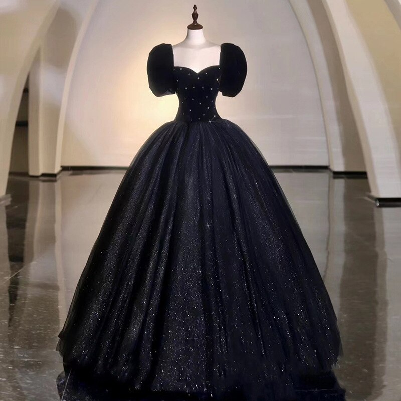 Black Glitter Ball Gown With Puff Sleeves on Luulla
