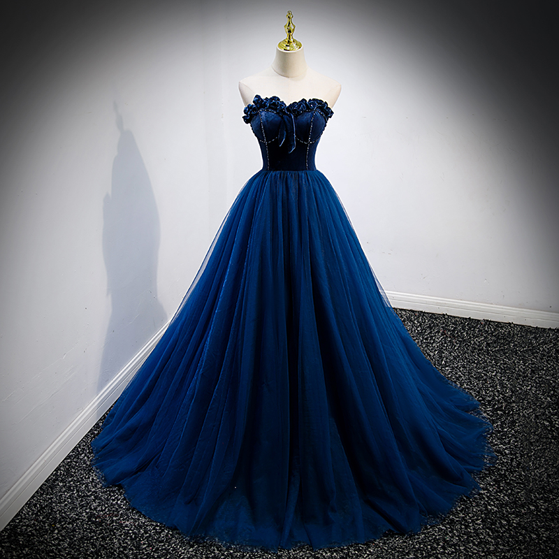 Charming Blue Velvet Tulle Sweetheart Neckline A-line Formal Prom Dress Ss920