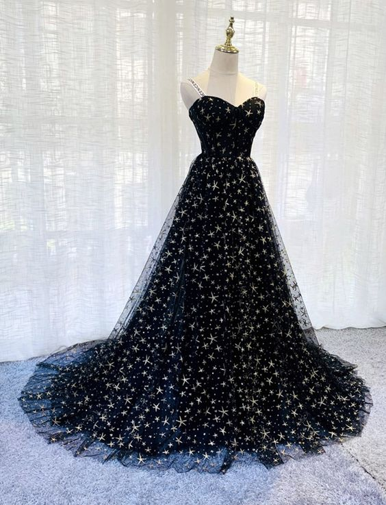 Charming Black Tulle Long Prom Dress Hand Made Evening Dress Ss931
