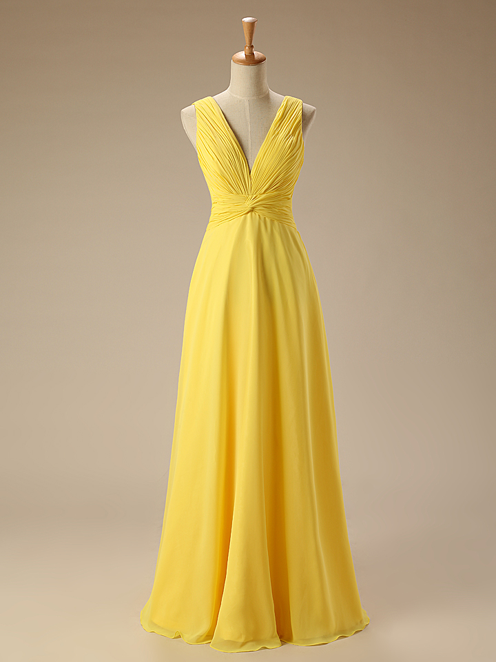 Elegant Yellow V-neck Chiffon Long Bridesmaid Dresses Evening Dress Ss936