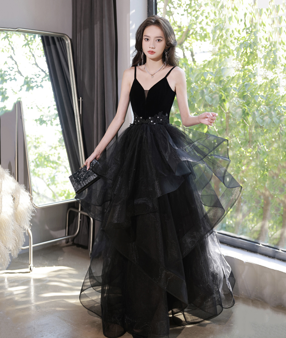 Black Velvet Evening Gown With Layered Skirt