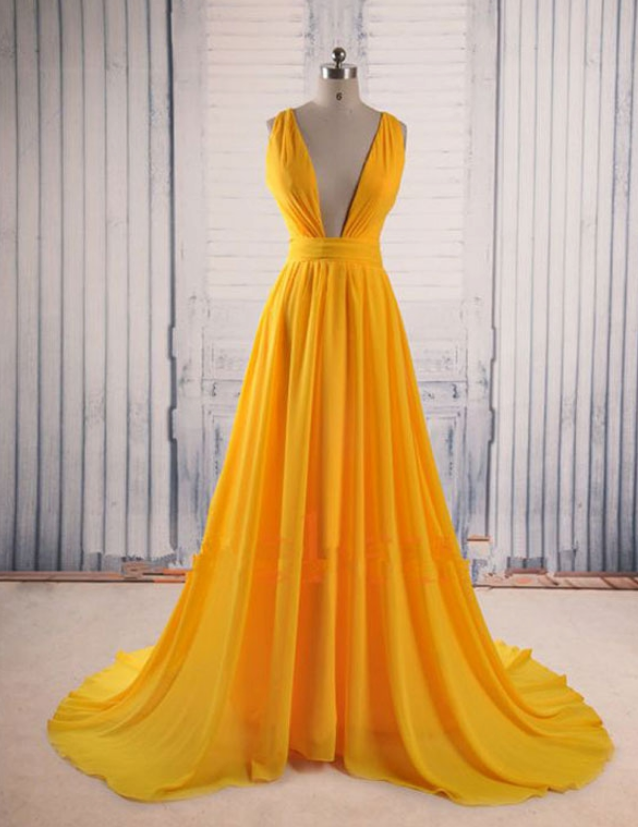 Custom Charming Yellow Chiffon Prom Dress,sexy Deep V-neck Evening Dress,sexy Open Back Prom Dress Ss947