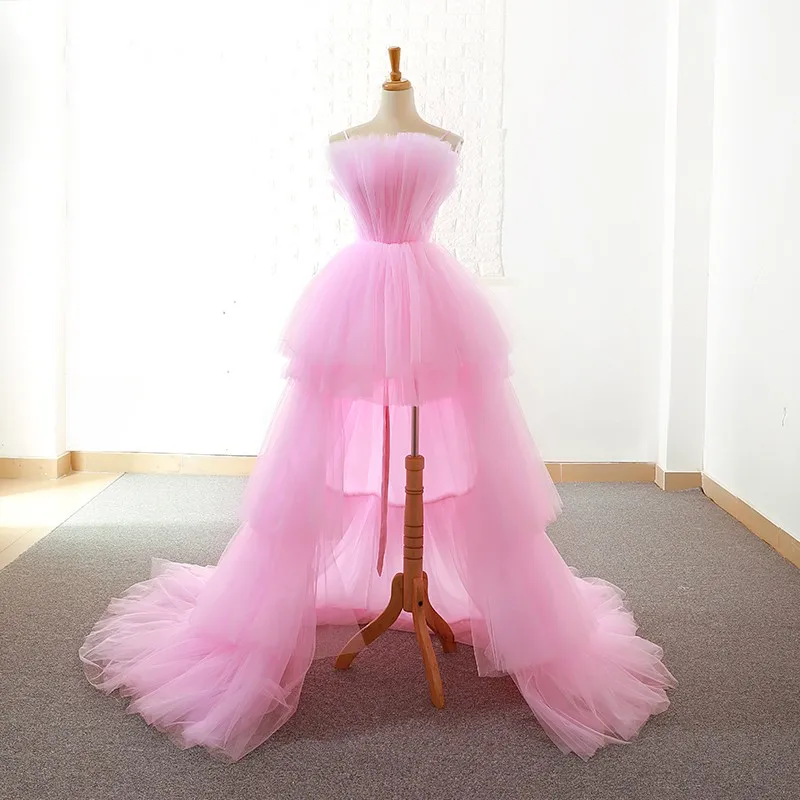 Pink Hand Made Custom Spaghetti Straps Baby Pink Tulle High Low Pageant Dress Ss959