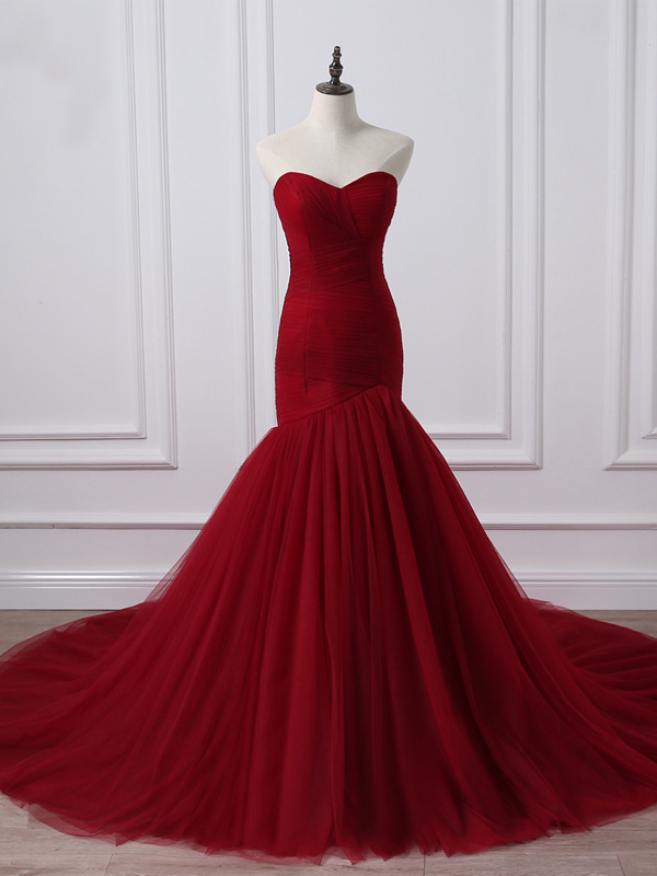 Red Wedding Dress Tulle Mermaid Formal Dresses Bridal Dress Hand Made Custom Ss961