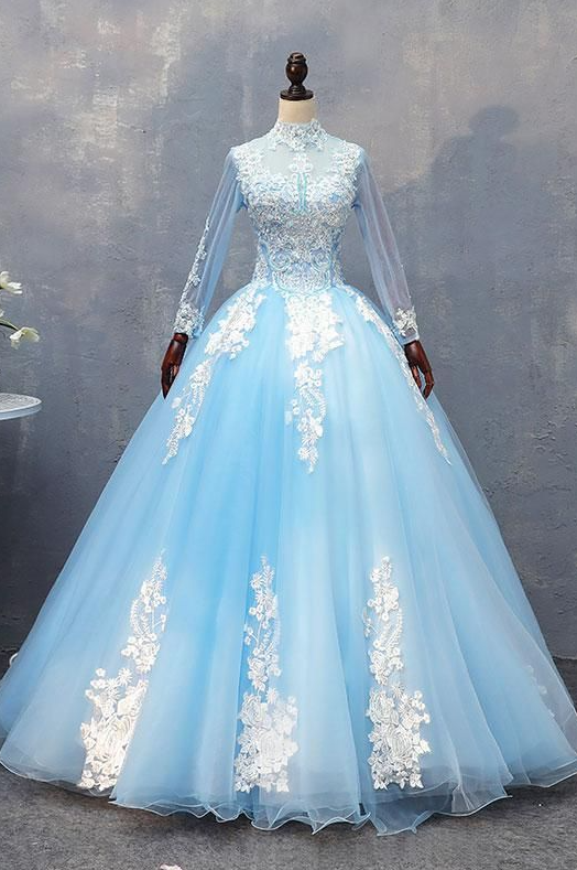 Blue Tulle Lace Long Prom Dress Long Sleeve Evening Dress Hand Made Custom Ss963