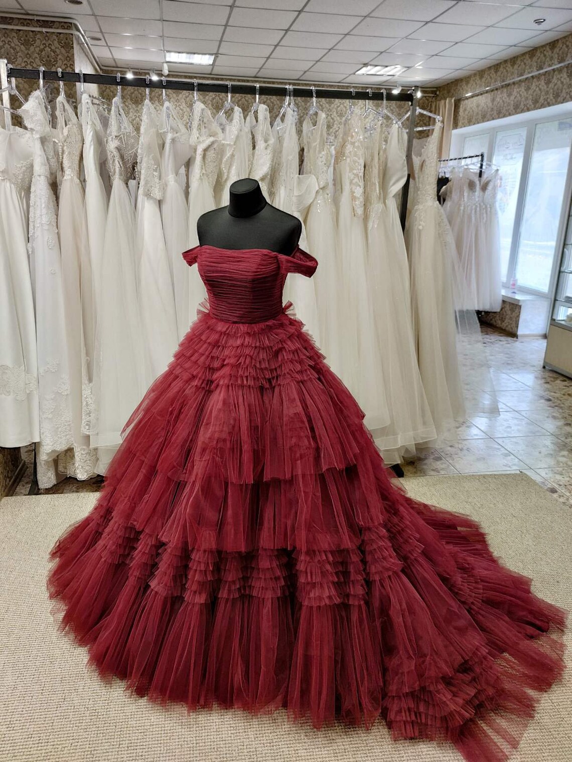 Off The Shoulder Burgundy Ball Gown Evening Dress Formal Occasion Prom Dress Ss964