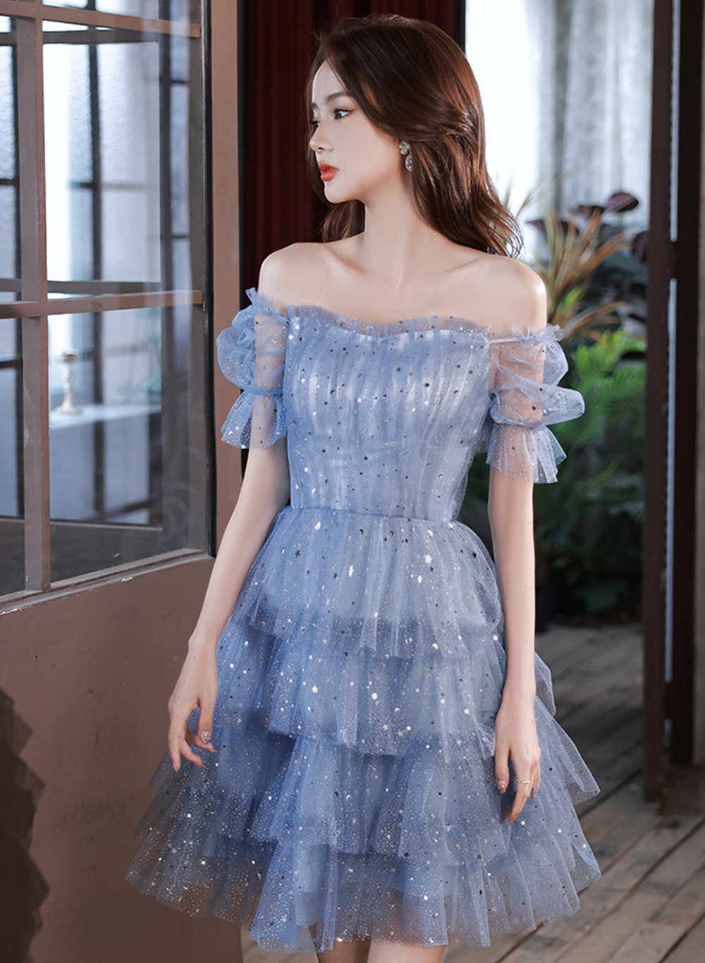 Blue Tulle Short Layers Party Dress, Off Shoulder Blue Short Homecoming Dress Ss972