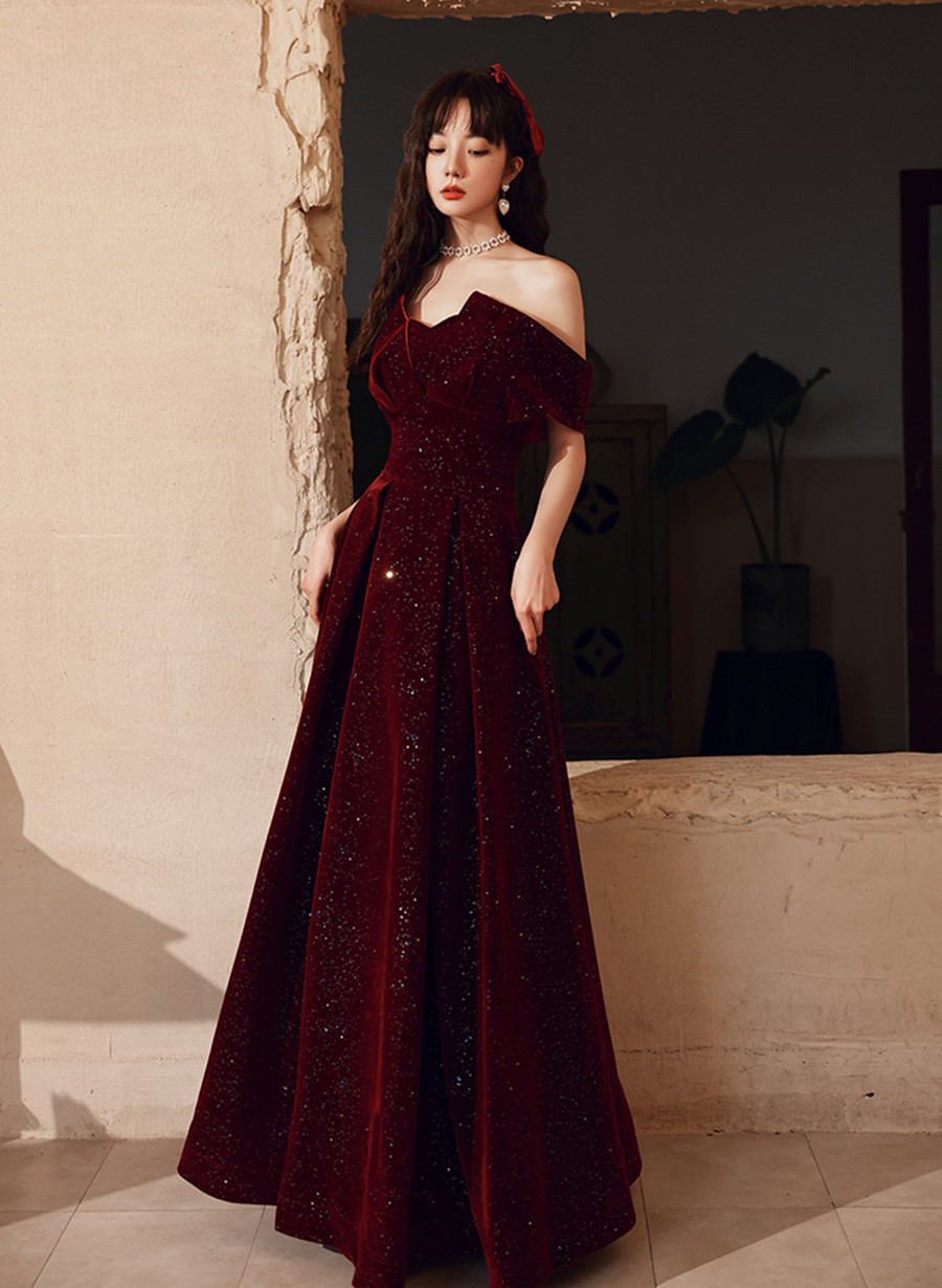 Burgundy Velvet Floor Length Party Dress, A-line Formal Dress Wine Red Prom Dress Ss980
