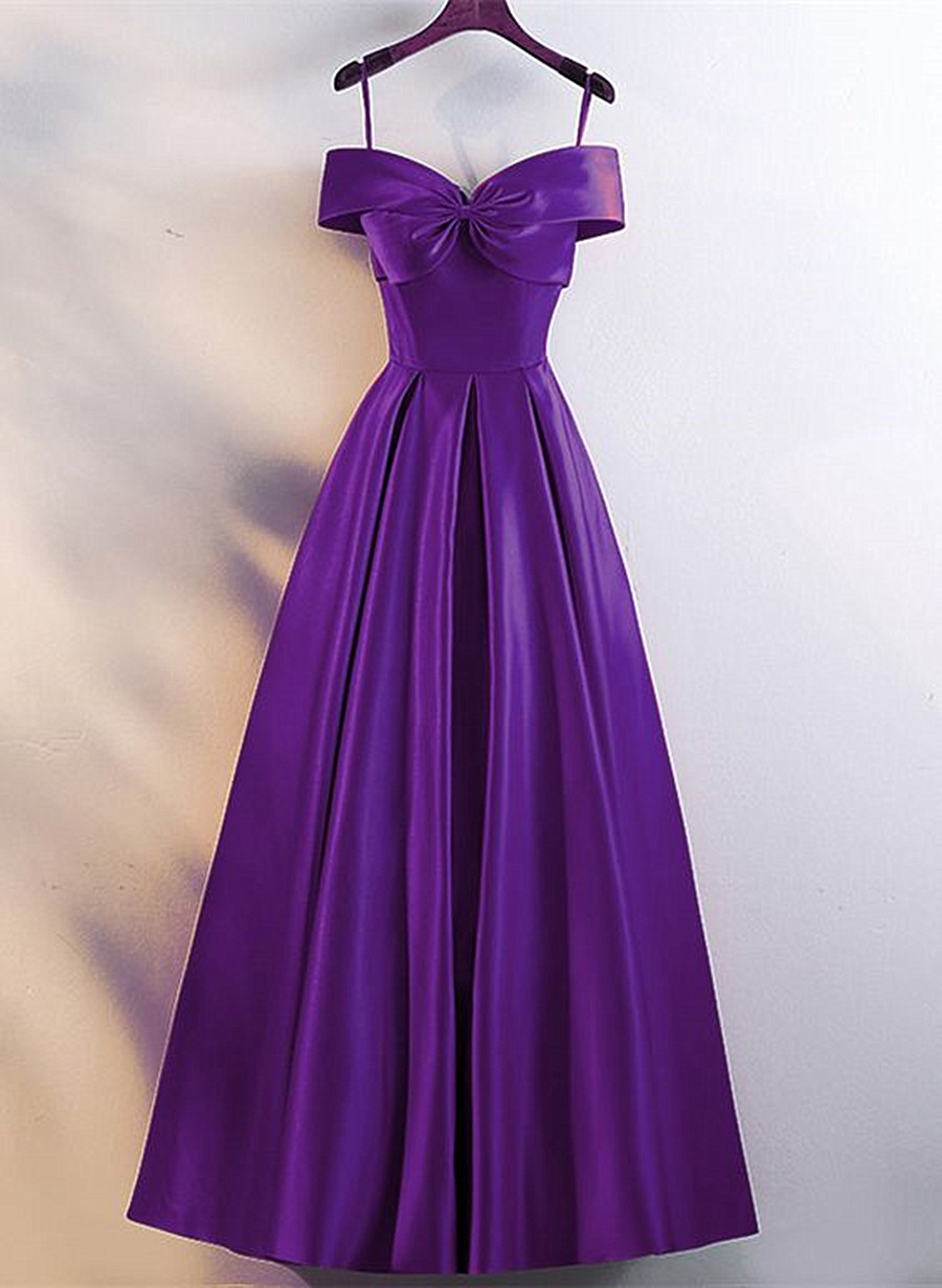 Purple Satin Bow Sweetheart Tulle Evening Dress, A-line Purple Party Dress Ss992