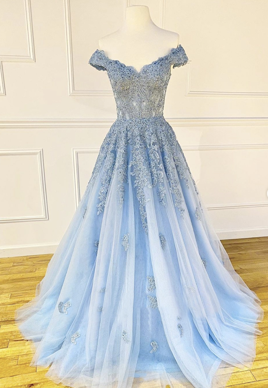 Light Blue Tulle With Lace Applique Off Shoulder Long Formal Dress Hand Made Evening Party Dress Sa06