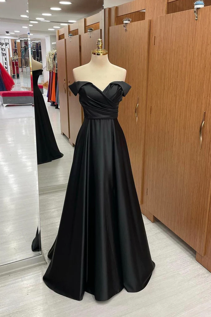Black Simple Satin Off Shoulder A-line Party Dress,hand Made Black Evening Dresses Sa29