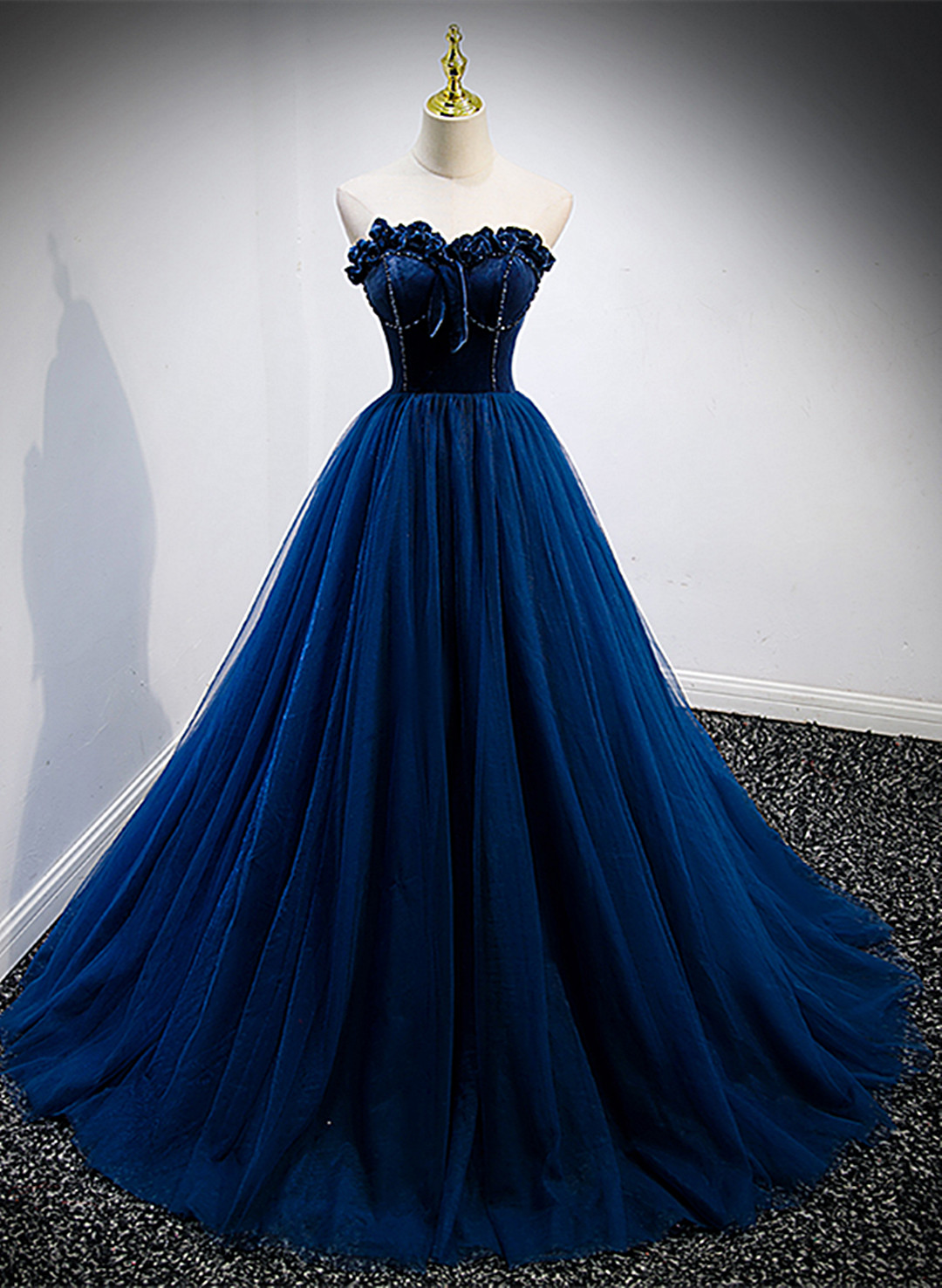 Charming Blue Velvet Top And Tulle A-line Formal Evening Dress,hand Made Blue Sweetheart Prom Dress Sa30