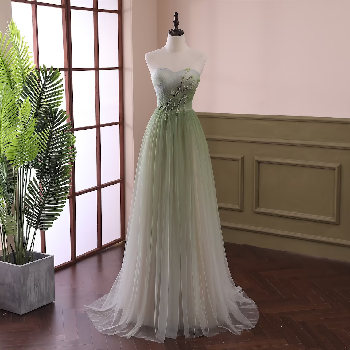 Charming Green Gradient Tulle Full Length Sweetheart Beaded Long Formal Dress, Hand Made Green Evening Party Dresses Sa35