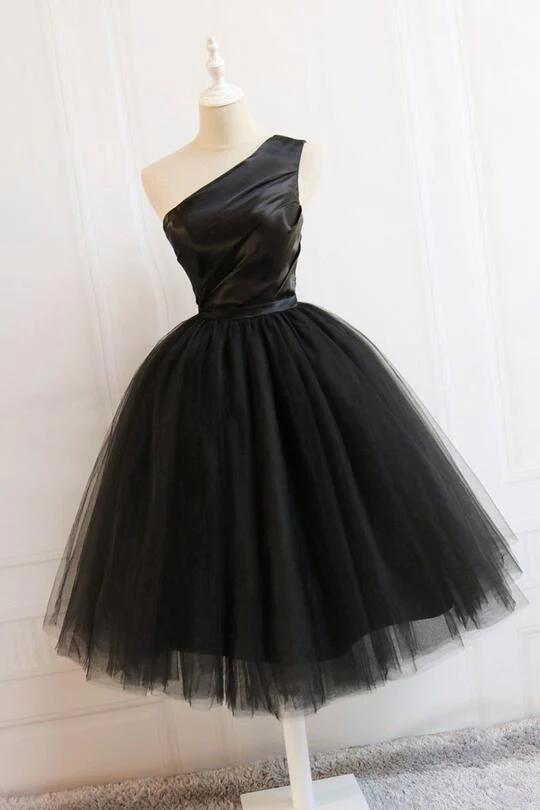 Black One Shoulder Short Wedding Party Dresses, Hand Made Black Formal Dresses Sa38