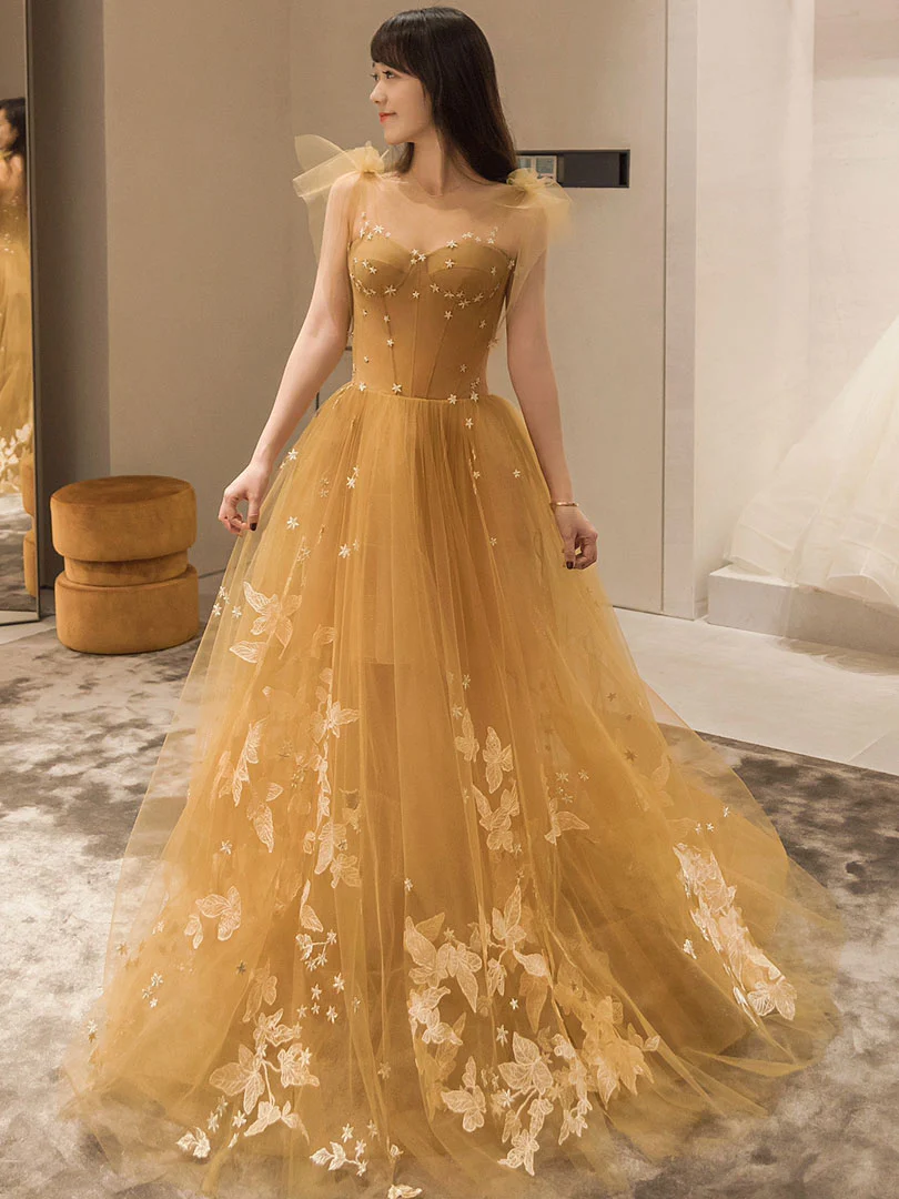 Yellow Tulle Long Party Dresses With Lace, Prom Dresses Hand Made A-line Tulle Evevning Gown Sa39
