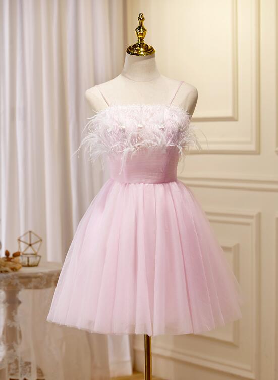Feather-trimmed Pink Tulle Strapless Party Dress