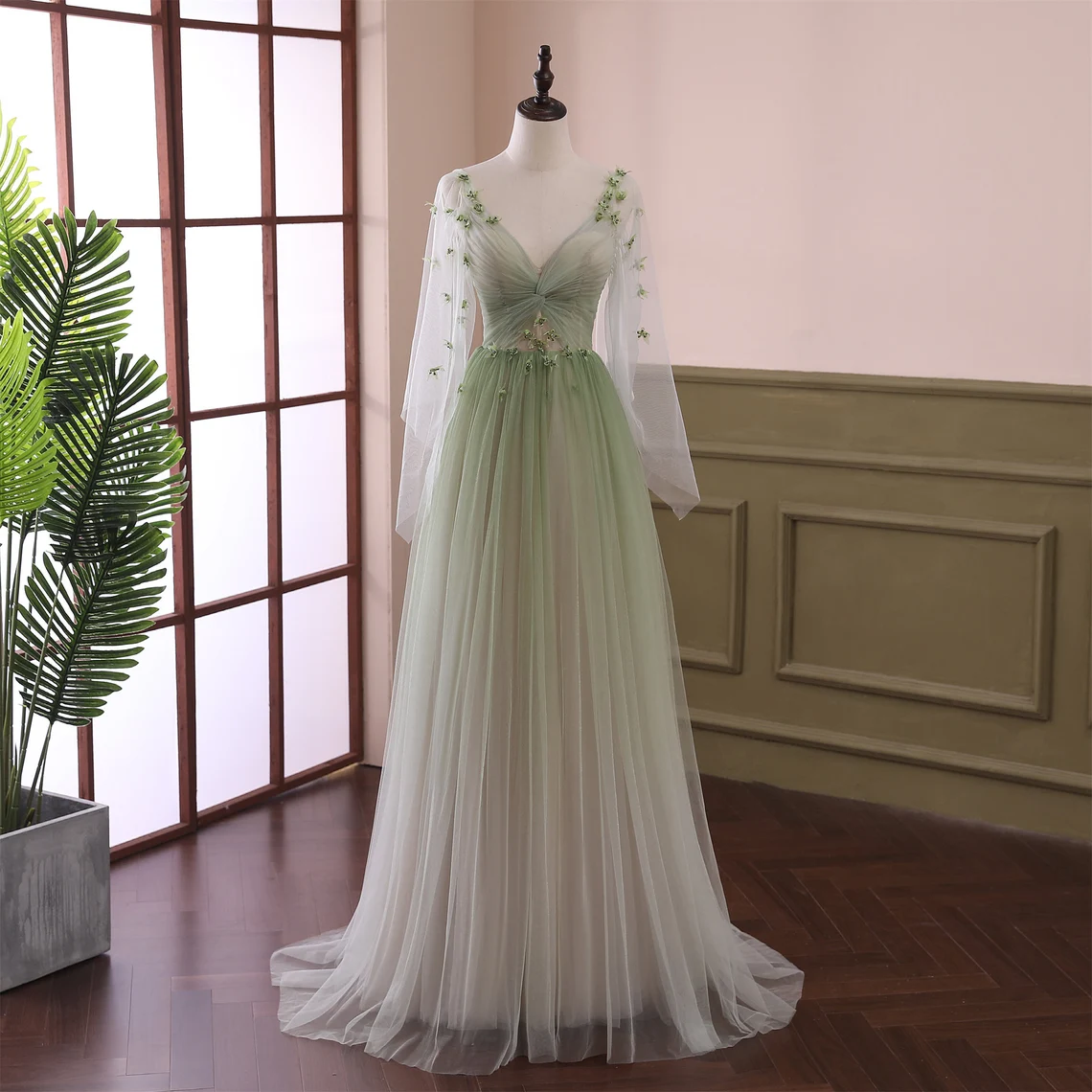 Light Green Gradient Tulle Beaded Long Evening Gown Hand Made Floor Length Formal Prom Dress Sa69