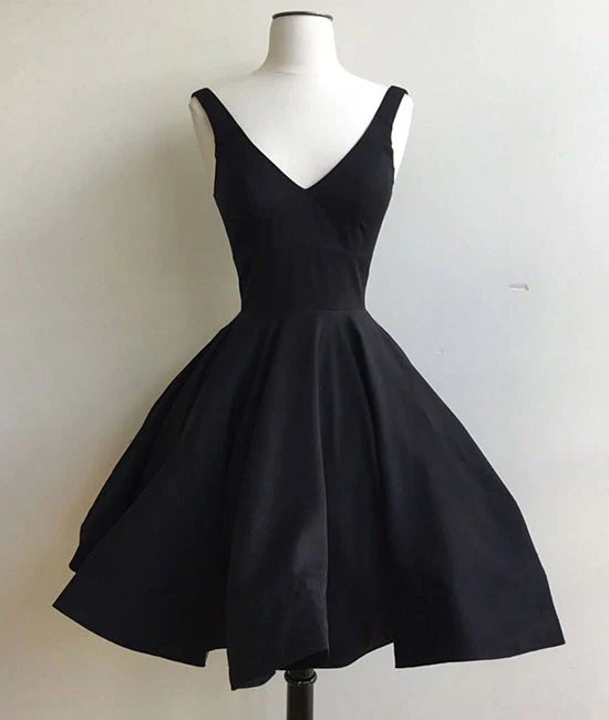 Hand Made Black Satin V-neckline Knee Length Party Dress Formal Dress Sa81