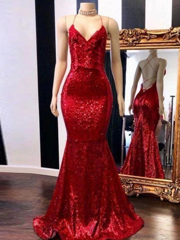 Red Sequins Mermaid Cross Back Long Party Dress Hand Made Custom Red Long Prom Dress Sa96