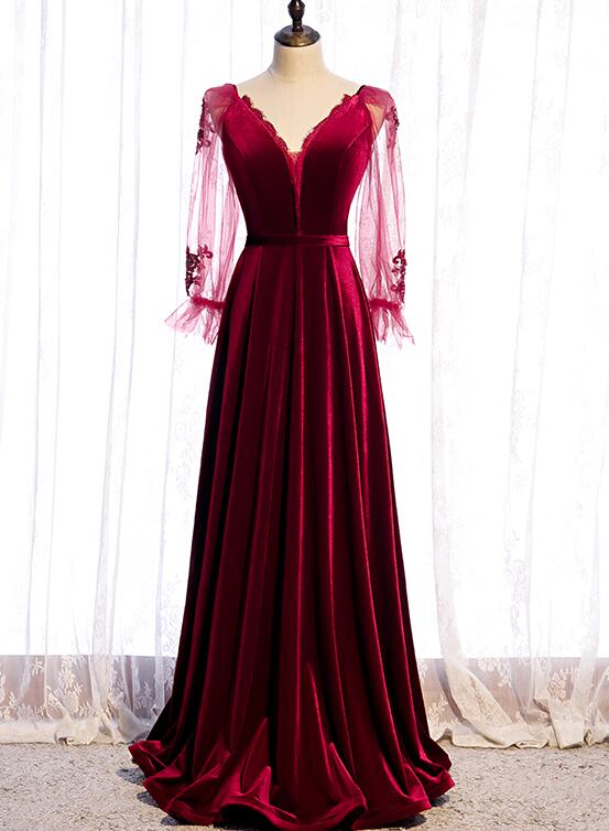 Elegant Wine Red Velvet Long Party Dress Prom Dress Hand Made A-line Long Sleeves Formal Evening Dresses Sa97