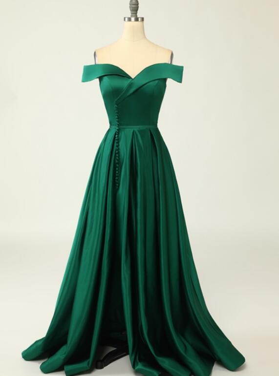 Dark Green Satin Sweetheart Off Shoulder Long Party Prom Dress With Leg Slit Green Formal Evening Dresses Sa110