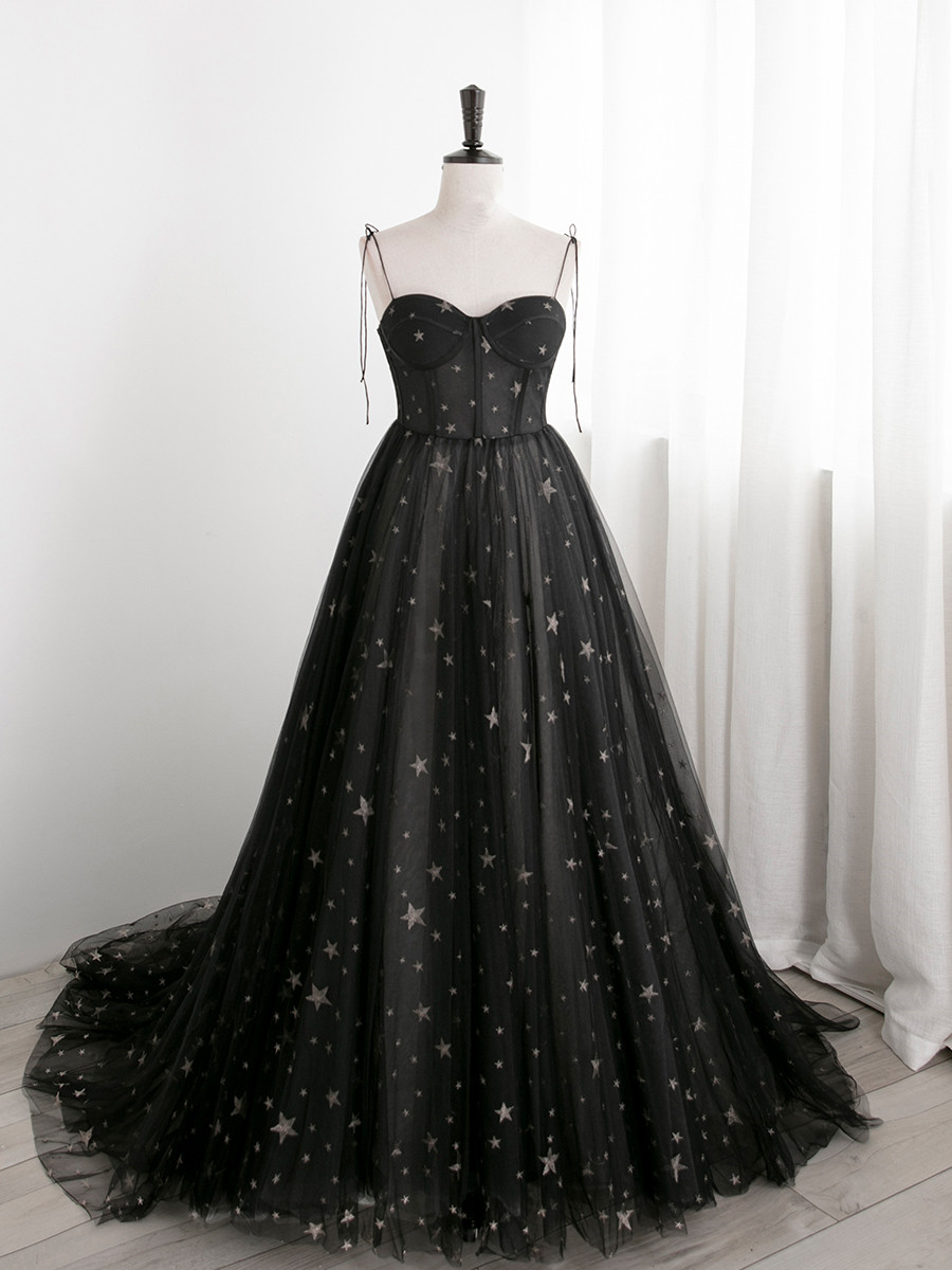 Black Sweethart Tulle Straps A-line Long Evening Gown Formal Evening Dress Black Prom Dresses Sa118