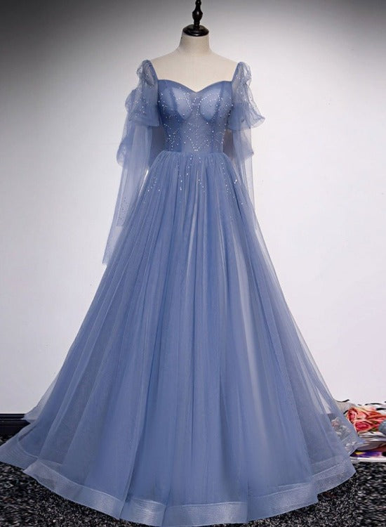 Blue Tulle A-line Beaded Long Party Dress Hand Made Blue Evening Dresses Prom Dresses Sa130
