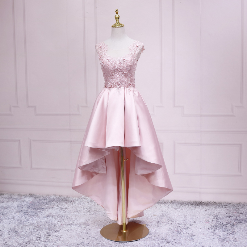 Pink Satin High Low Evening Party Dress With Lace Hand Made Prom Dress Formal Dresses Sa134