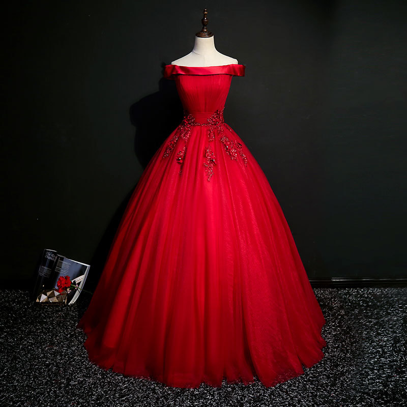 Gorgeous Red Tulle Ball Gown Long Sweet 16 Dresses Hand Made Custom Off Shoulder Prom Dress Sa150