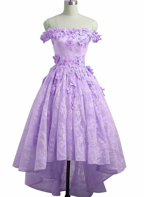 Beautiful Purple Lace High Low Off Shoulder Evening Party Dress Prom Dress High Low Homeocming Dresses Sa158
