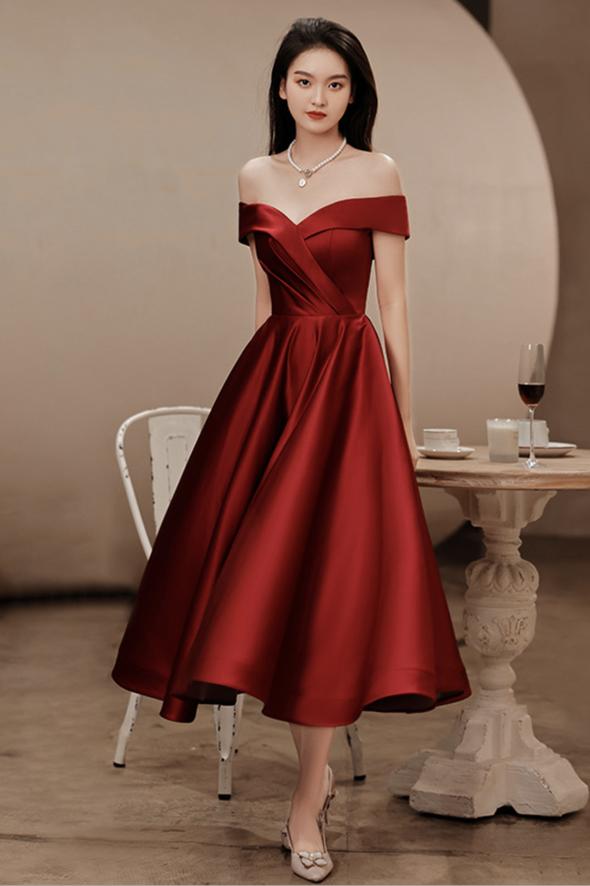 Elegant Dark Red Satin Tea Length Bridesmaid Dress Short Prom Dresses Sa159
