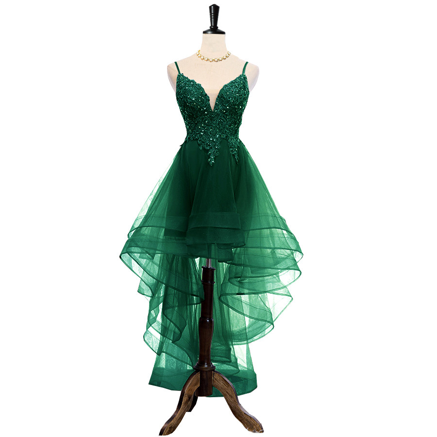 Charming Dark Green V-necklione High Low Evening Party Dress Straps Layers Lace Applique Formal Dresses Sa162