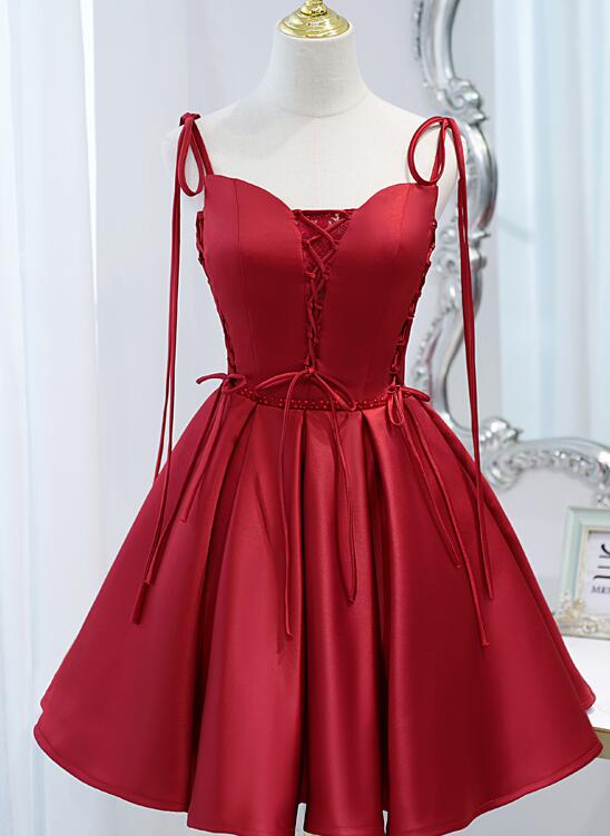 Lovely Wine Red Satin V Neck Straps Beaded Short Prom Dress Hand Made Party Dresses Sa164