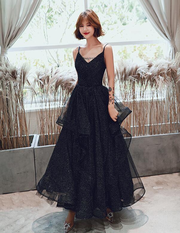 Charming Black V-neckline Straps A-line Tulle Style Prom Dress Evening Dresses Sa181