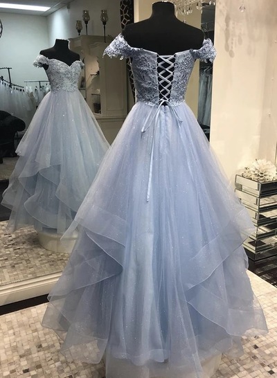 Grey Tulle Sweetheart Off Shoulder Layers Long Party Dress A-line Grey Prom Dress Sa199