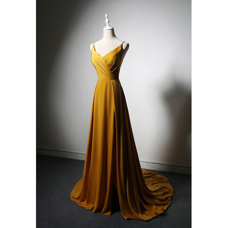 Mustard Yellow Sleeveless Evening Gown With Train E