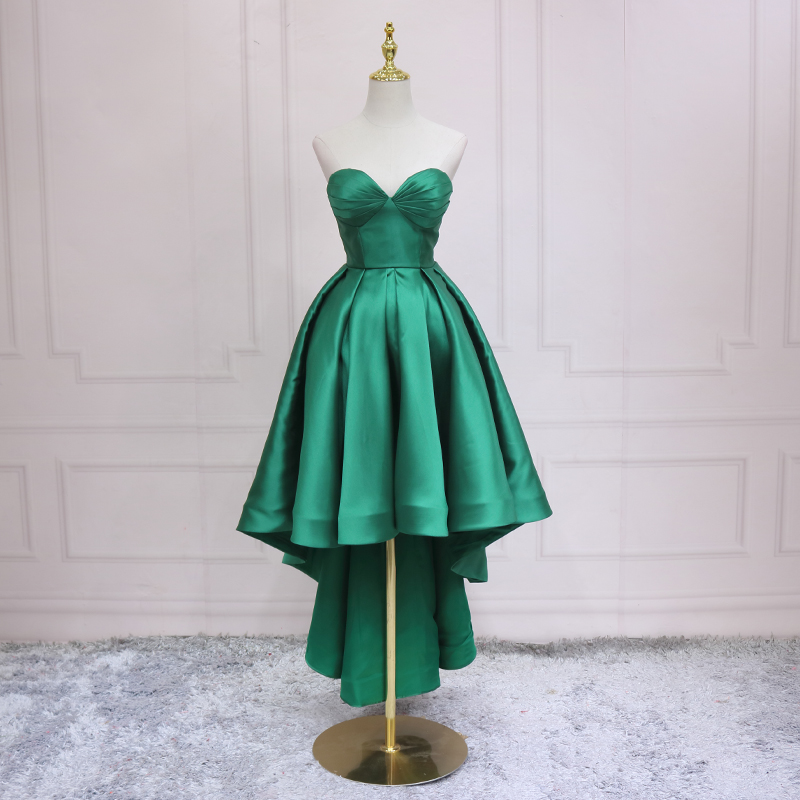 Strapless Green Satin High-Low Evening Dress