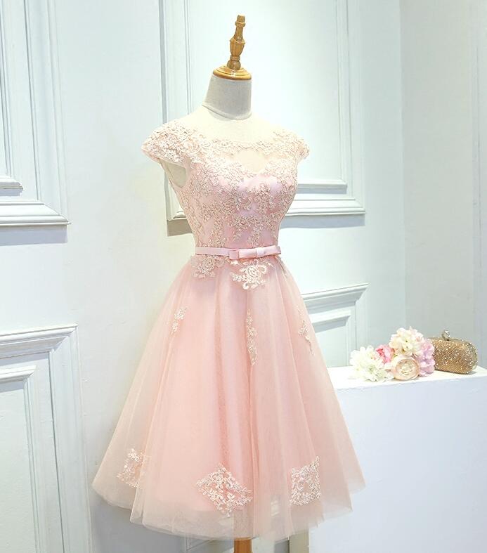 Pink Lovely Cap Sleeves Short Tulle Homecoming Dress With Lace, Short Prom Dress Party Dress Sa217