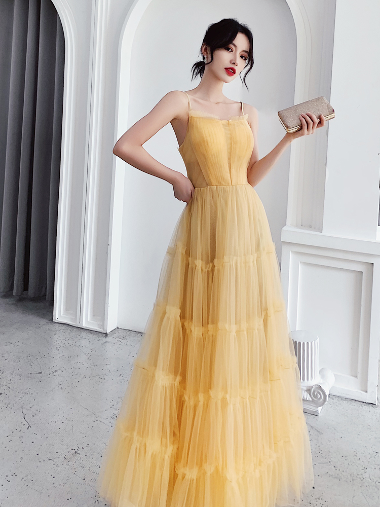 Light Yellow Straps Tulle A-line Long Evening Dress Formal Dress, Light Yellow Prom Dress Sa219