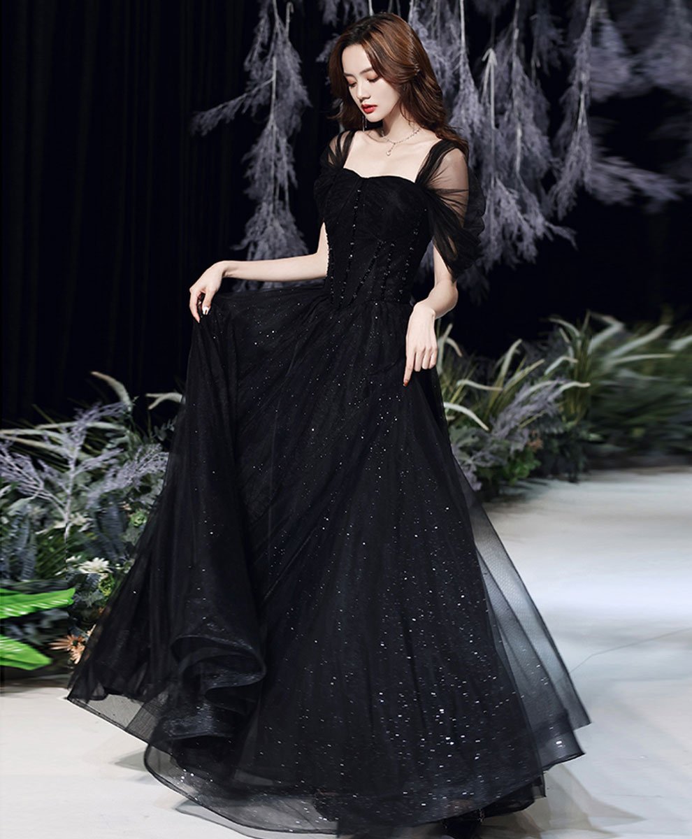 Black Elegant Off Shoulder Long Evening Dress Party Dress, Black A-line Prom Dress Sa220