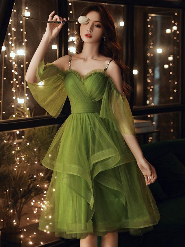 Green Tulle Short Layers Straps Short Party Dress Cute Short Green Homecoming Dress Prom Dress Sa222