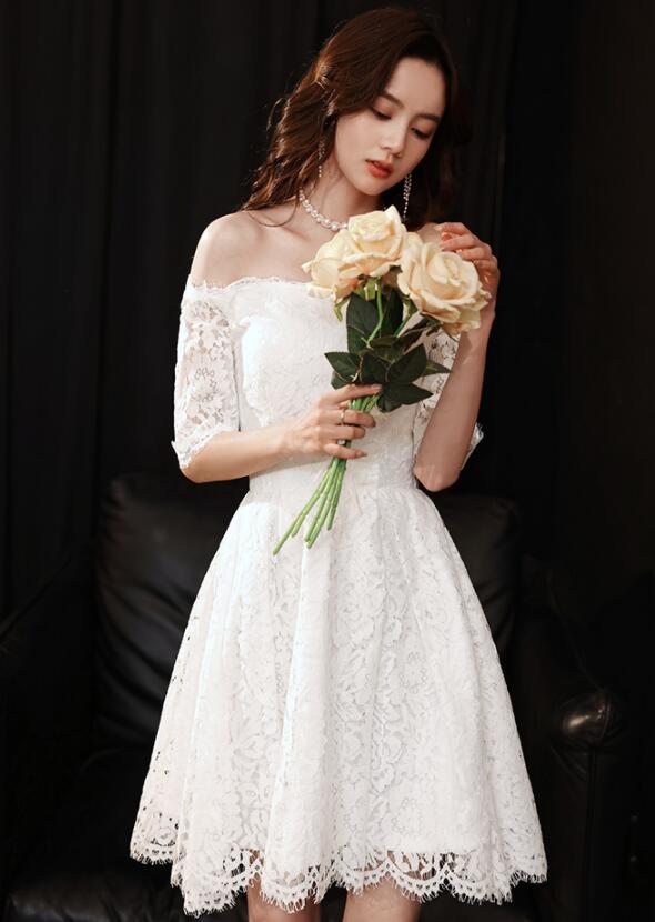 White Lovely Lace Short Party Dress Cute Short Sleeves Graduation Dress Sa223