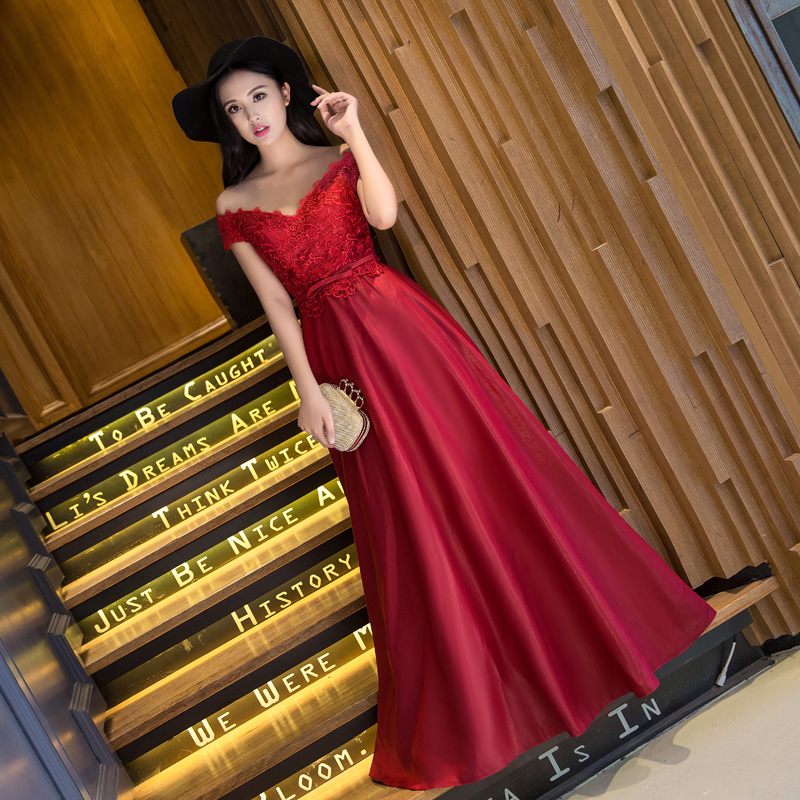 Red Off Shoulder Lace Top And Satin Long Party Dress Sweetheart A-line Formal Dress Sa224