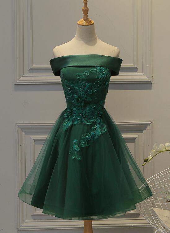 Green Satin Short Lovely Tulle Lace Applique Party Dress Short Off Shoulder Formal Dress Sa231